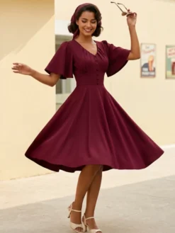 Robe rétro swing pour femme col en V froncée sur le devant boutons décoratifs manches papillon collection 2026
