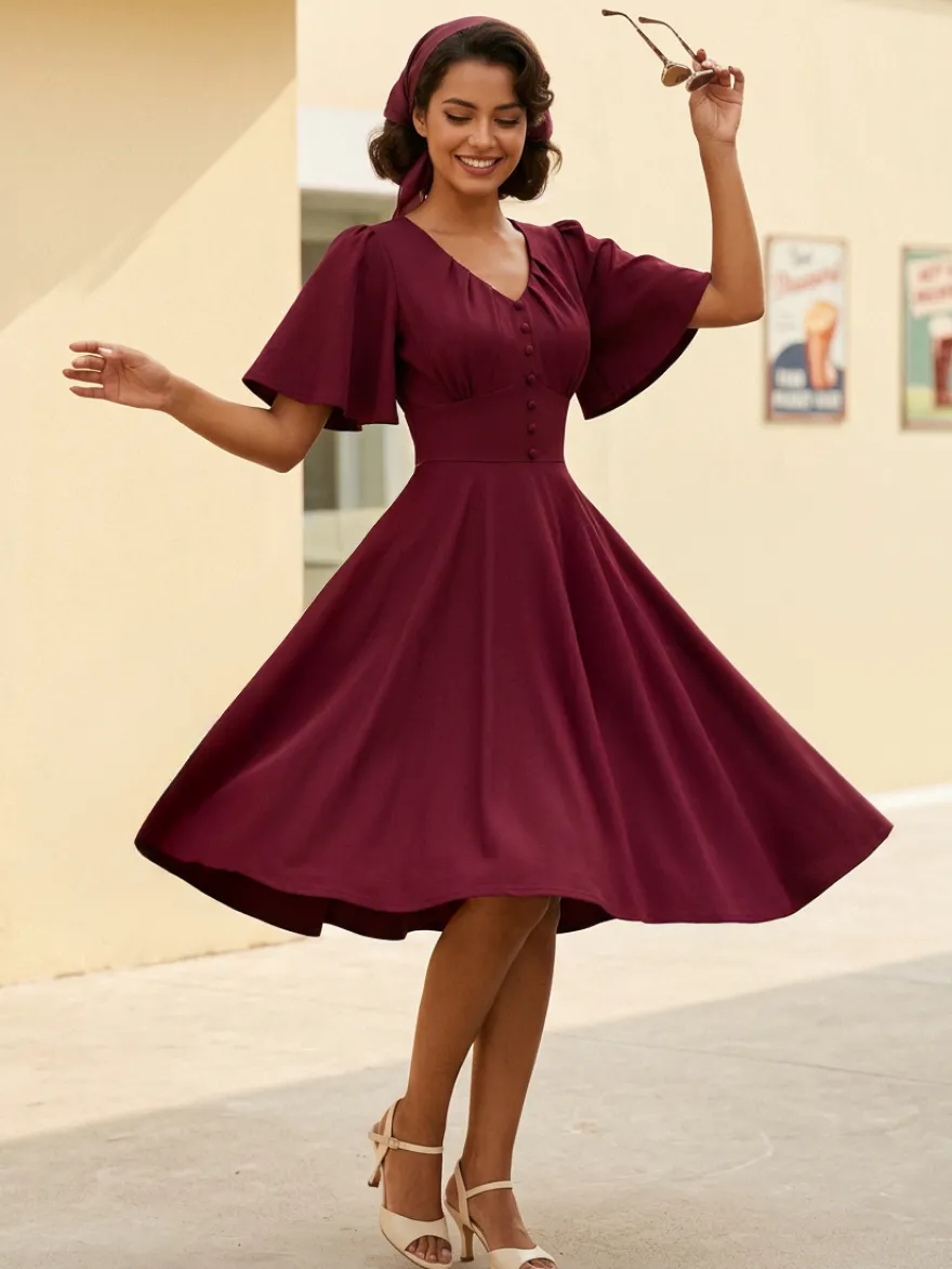 Robe rétro swing pour femme col en V froncée sur le devant boutons décoratifs manches papillon collection 2026