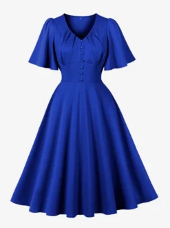 Robe rétro swing pour femme col en V froncée sur le devant boutons décoratifs manches papillon collection 2026