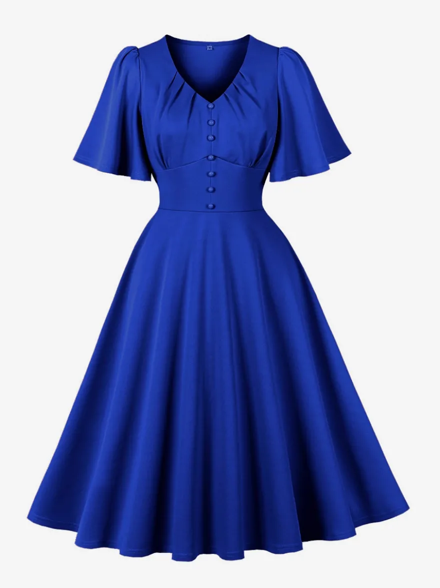 Robe rétro swing pour femme col en V froncée sur le devant boutons décoratifs manches papillon collection 2026