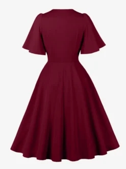 Robe rétro swing pour femme col en V froncée sur le devant boutons décoratifs manches papillon collection 2026