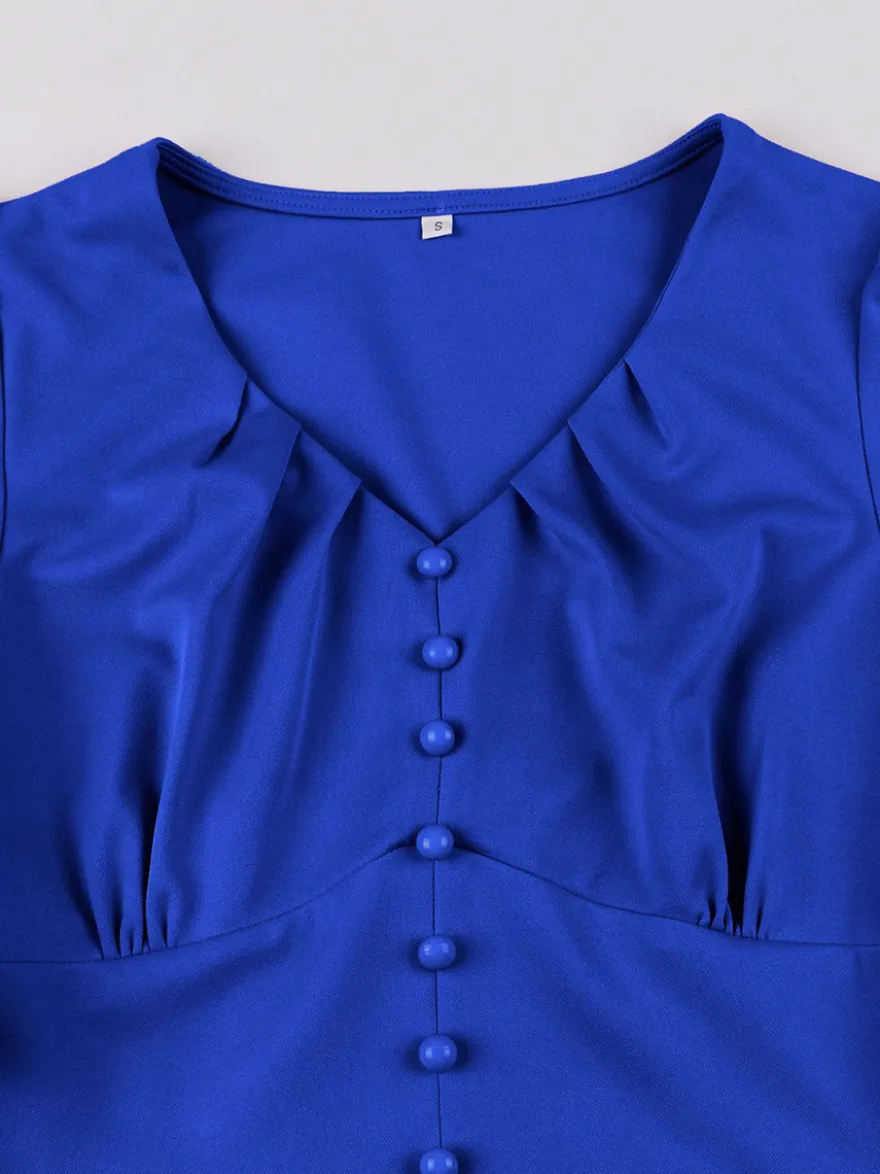 Robe rétro swing pour femme col en V froncée sur le devant boutons décoratifs manches papillon collection 2026