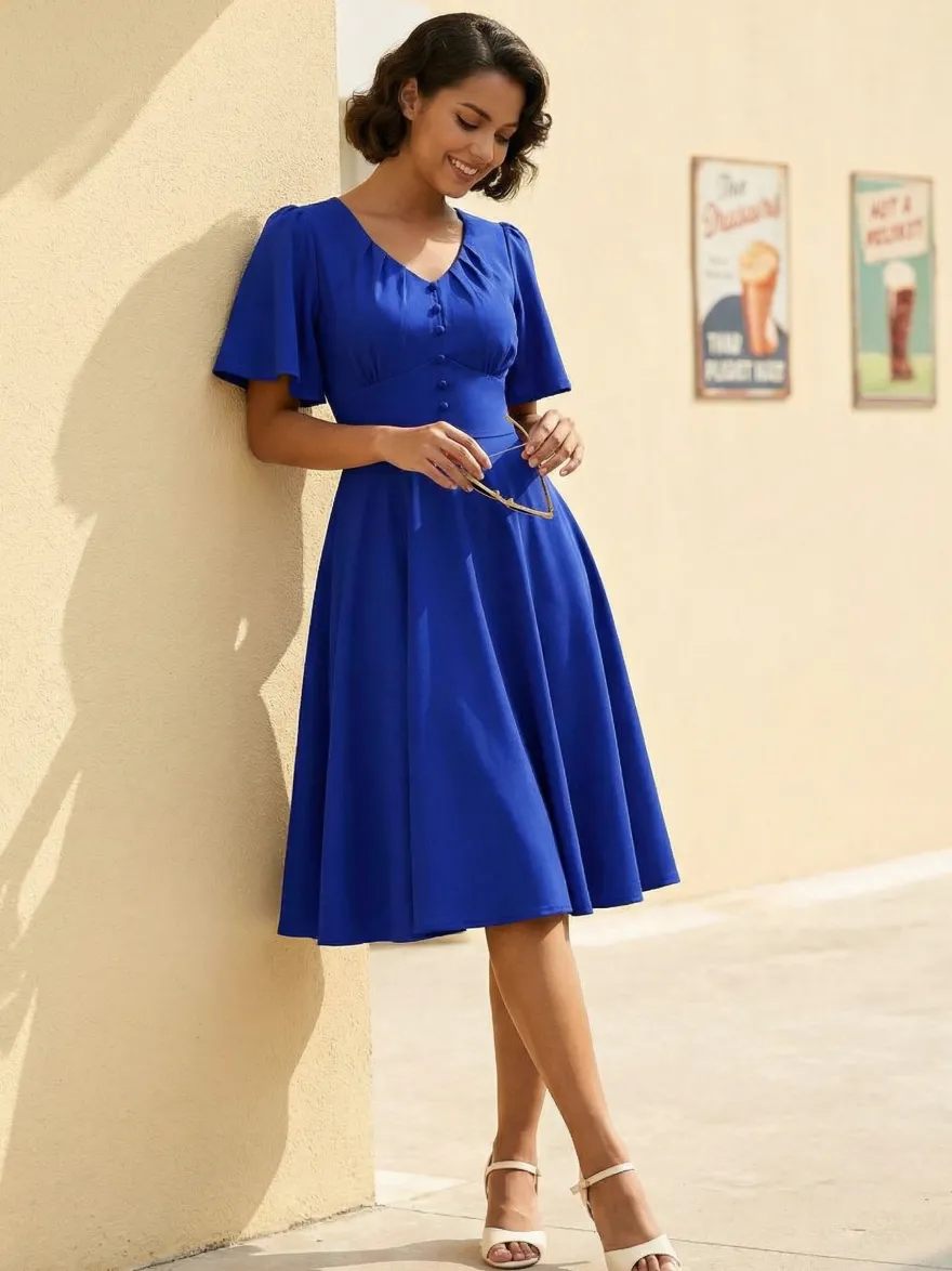 Robe rétro swing pour femme col en V froncée sur le devant boutons décoratifs manches papillon collection 2026