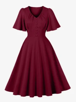 Robe rétro swing pour femme col en V froncée sur le devant boutons décoratifs manches papillon collection 2026