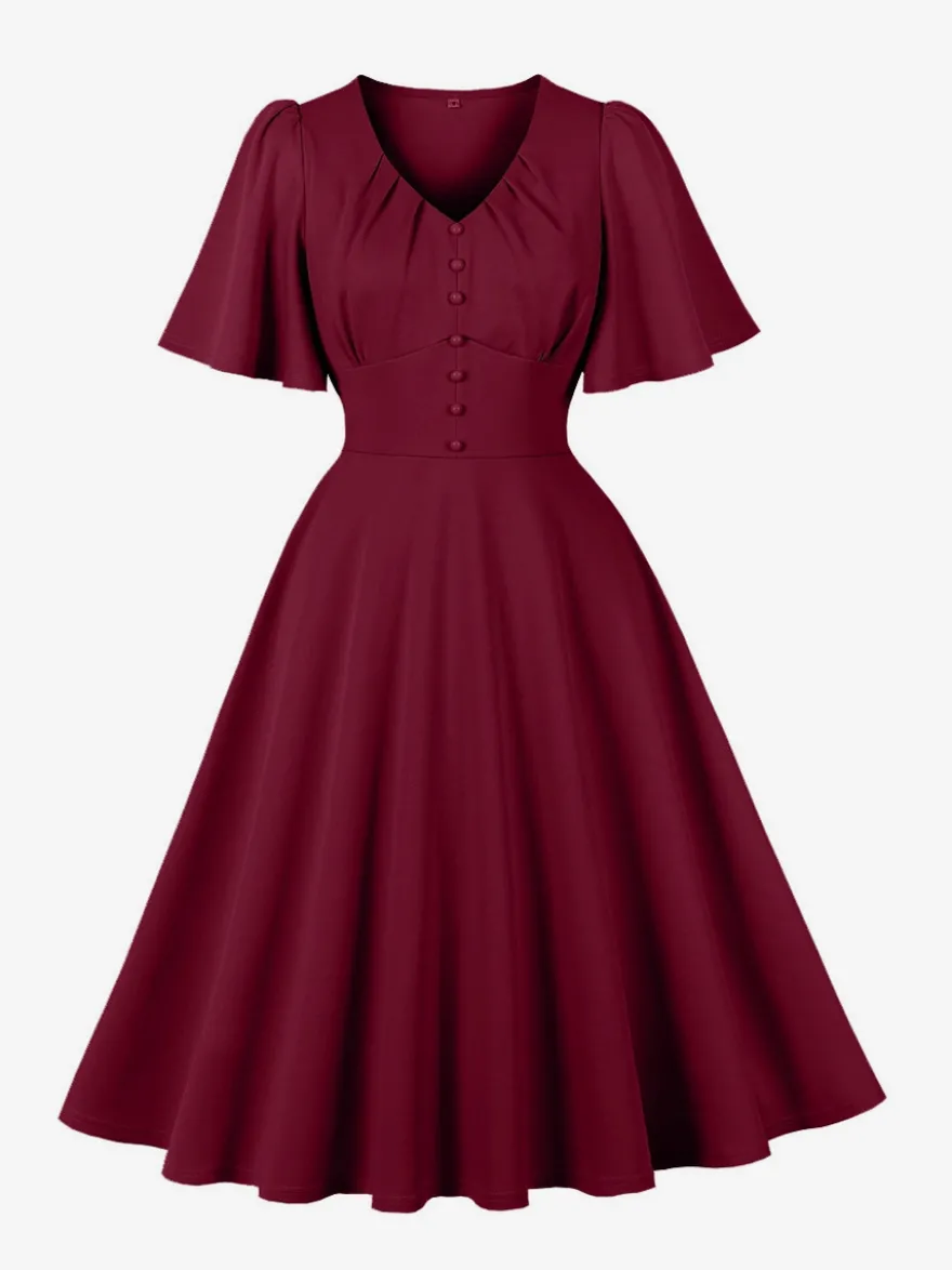 Robe rétro swing pour femme col en V froncée sur le devant boutons décoratifs manches papillon collection 2026