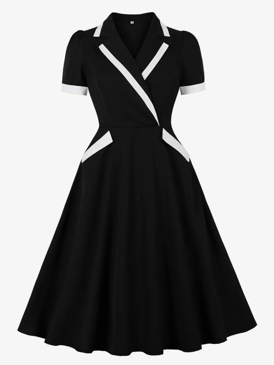 Robe rétro trapèze à col à revers contrasté et double poche pour femme (collection 2026)
