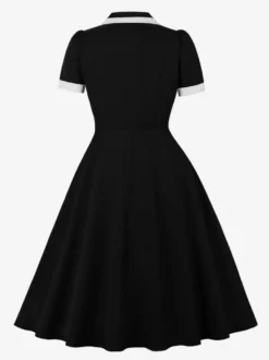 Robe rétro trapèze à col à revers contrasté et double poche pour femme (collection 2026)