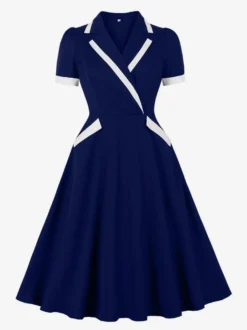 Robe rétro trapèze à col à revers contrasté et double poche pour femme (collection 2026)