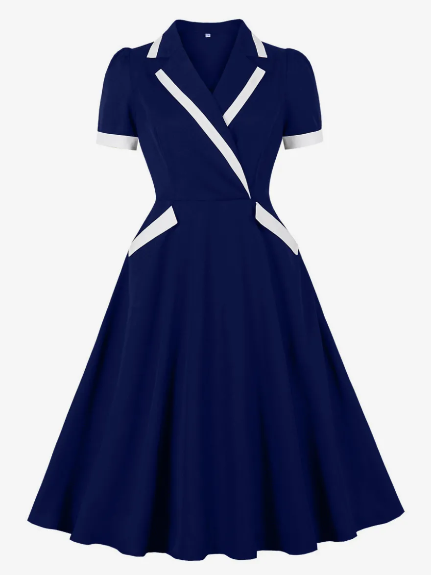 Robe rétro trapèze à col à revers contrasté et double poche pour femme (collection 2026)