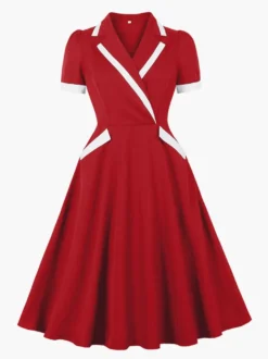 Robe rétro trapèze à col à revers contrasté et double poche pour femme (collection 2026)