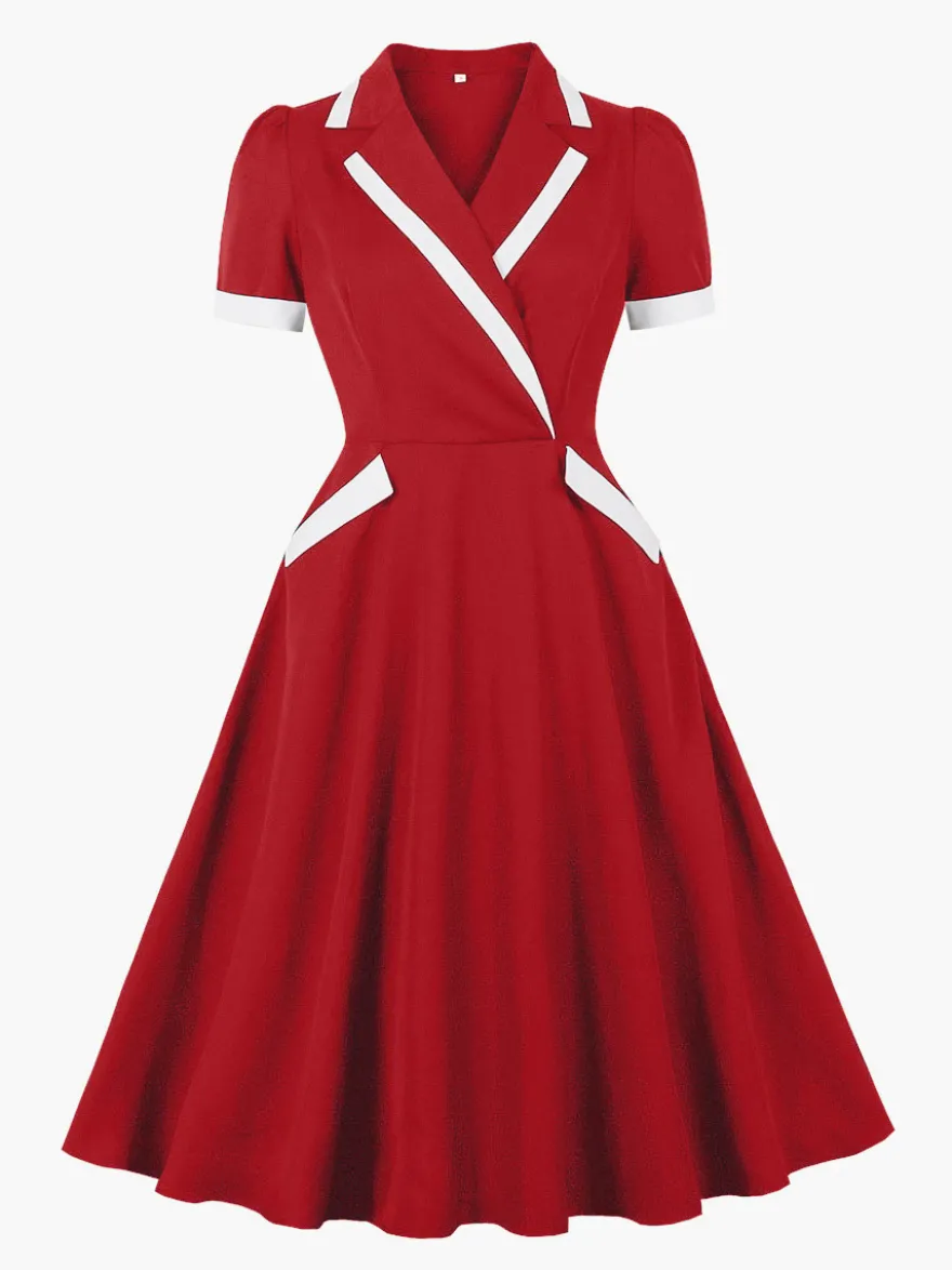 Robe rétro trapèze à col à revers contrasté et double poche pour femme (collection 2026)