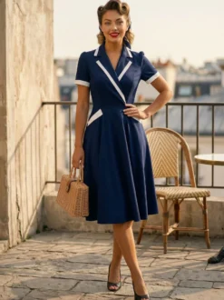Robe rétro trapèze à col à revers contrasté et double poche pour femme (collection 2026)