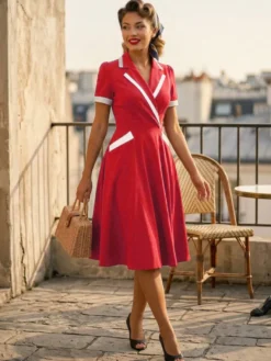 Robe rétro trapèze à col à revers contrasté et double poche pour femme (collection 2026)