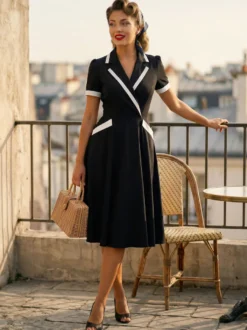 Robe rétro trapèze à col à revers contrasté et double poche pour femme (collection 2026)