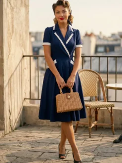 Robe rétro trapèze à col à revers contrasté et double poche pour femme (collection 2026)