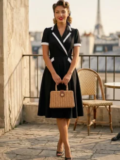 Robe rétro trapèze à col à revers contrasté et double poche pour femme (collection 2026)