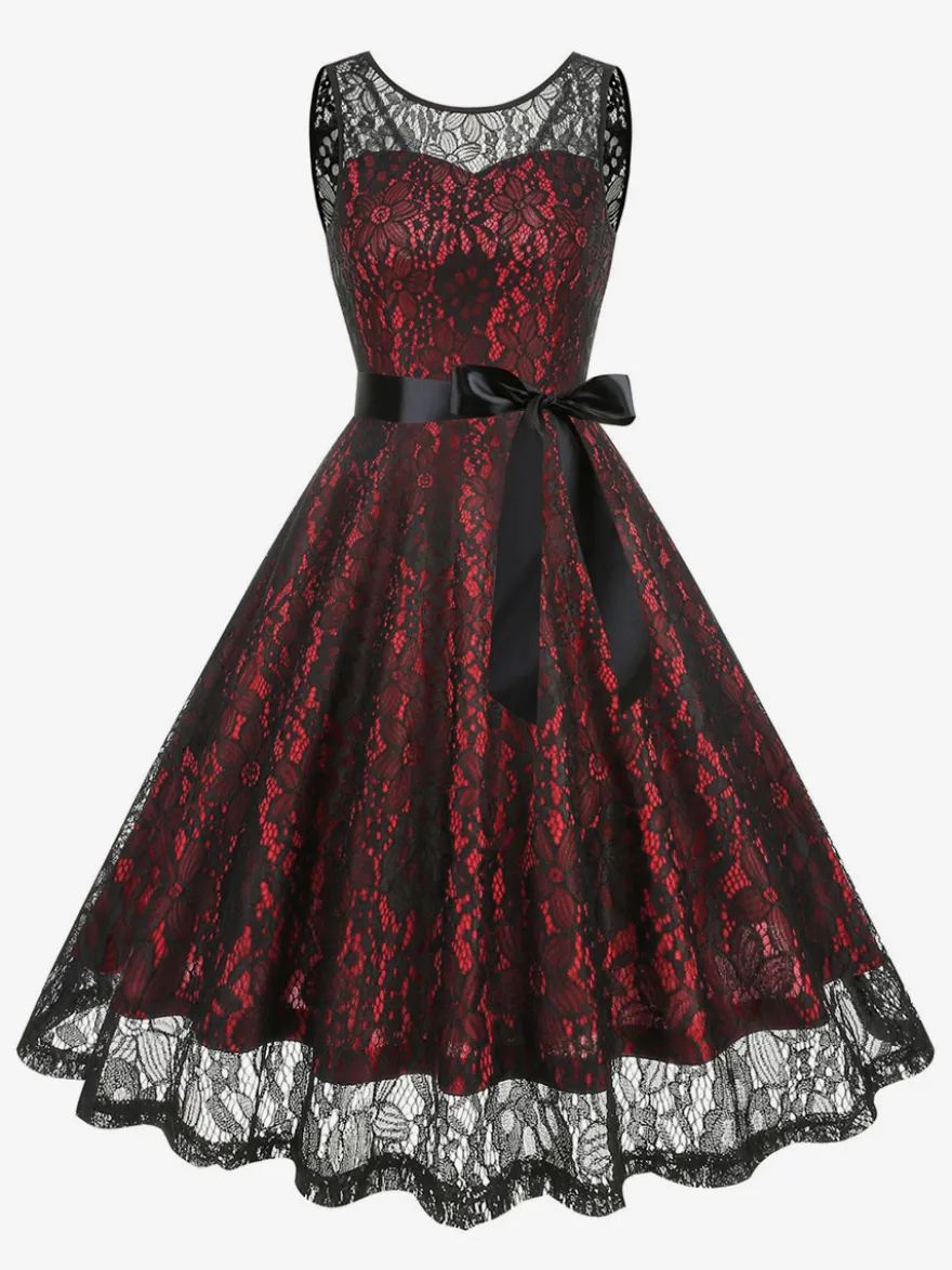 Robe rétro verte style années 50 bicolore ceinture sans manches col en V taille moyenne style rockabilly