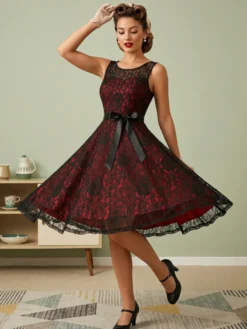 Robe rétro verte style années 50 bicolore ceinture sans manches col en V taille moyenne style rockabilly