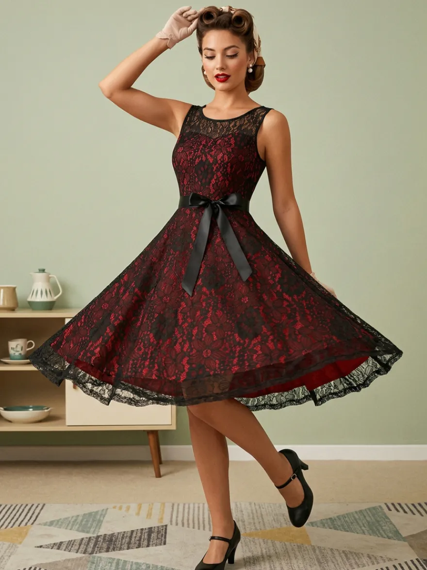 Robe rétro verte style années 50 bicolore ceinture sans manches col en V taille moyenne style rockabilly