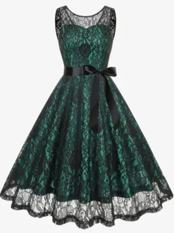 Robe rétro verte style années 50 bicolore ceinture sans manches col en V taille moyenne style rockabilly