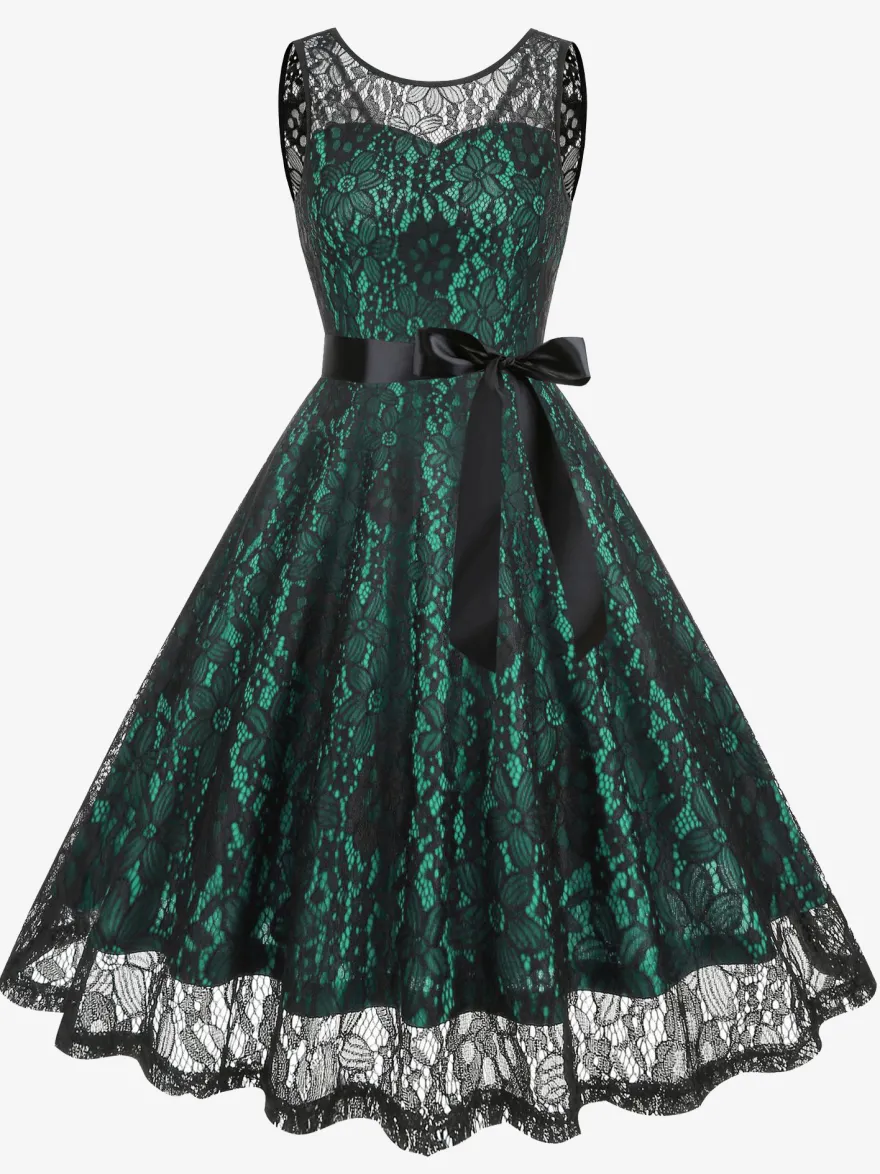 Robe rétro verte style années 50 bicolore ceinture sans manches col en V taille moyenne style rockabilly