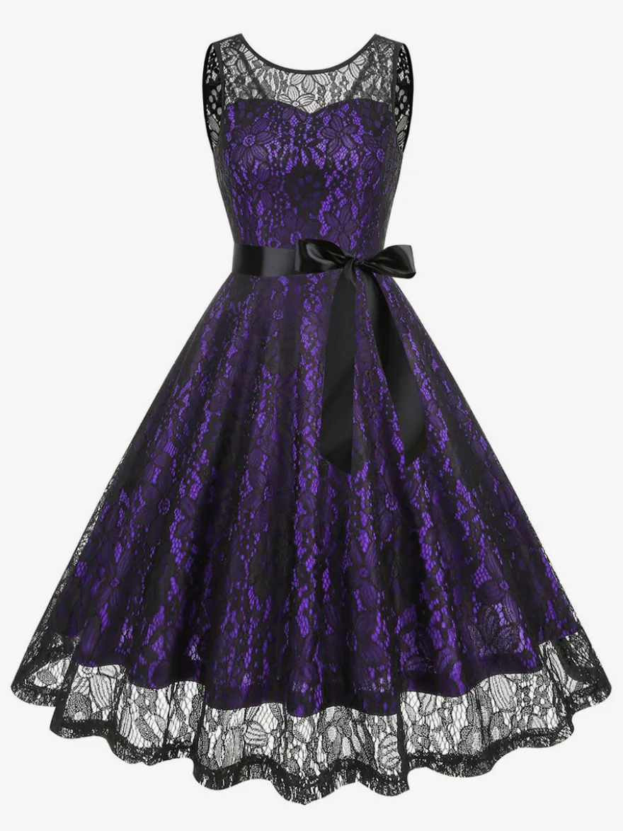 Robe rétro verte style années 50 bicolore ceinture sans manches col en V taille moyenne style rockabilly