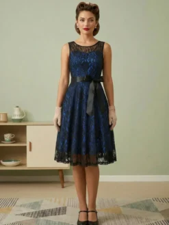 Robe rétro verte style années 50 bicolore ceinture sans manches col en V taille moyenne style rockabilly