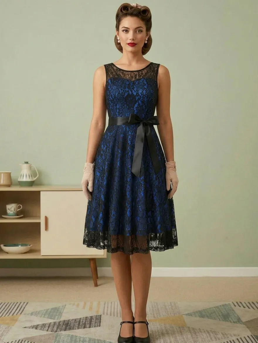 Robe rétro verte style années 50 bicolore ceinture sans manches col en V taille moyenne style rockabilly