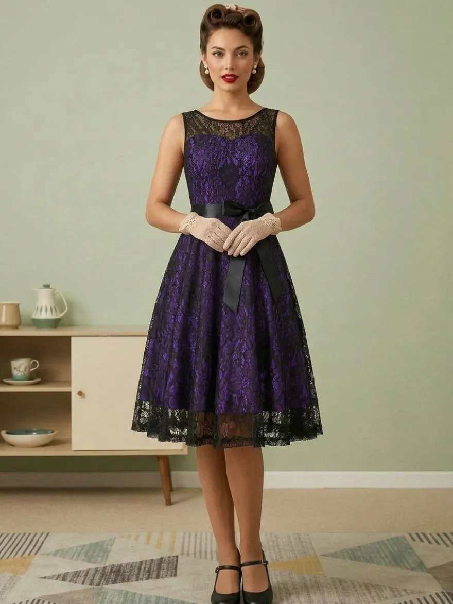 Robe rétro verte style années 50 bicolore ceinture sans manches col en V taille moyenne style rockabilly