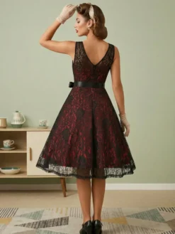 Robe rétro verte style années 50 bicolore ceinture sans manches col en V taille moyenne style rockabilly