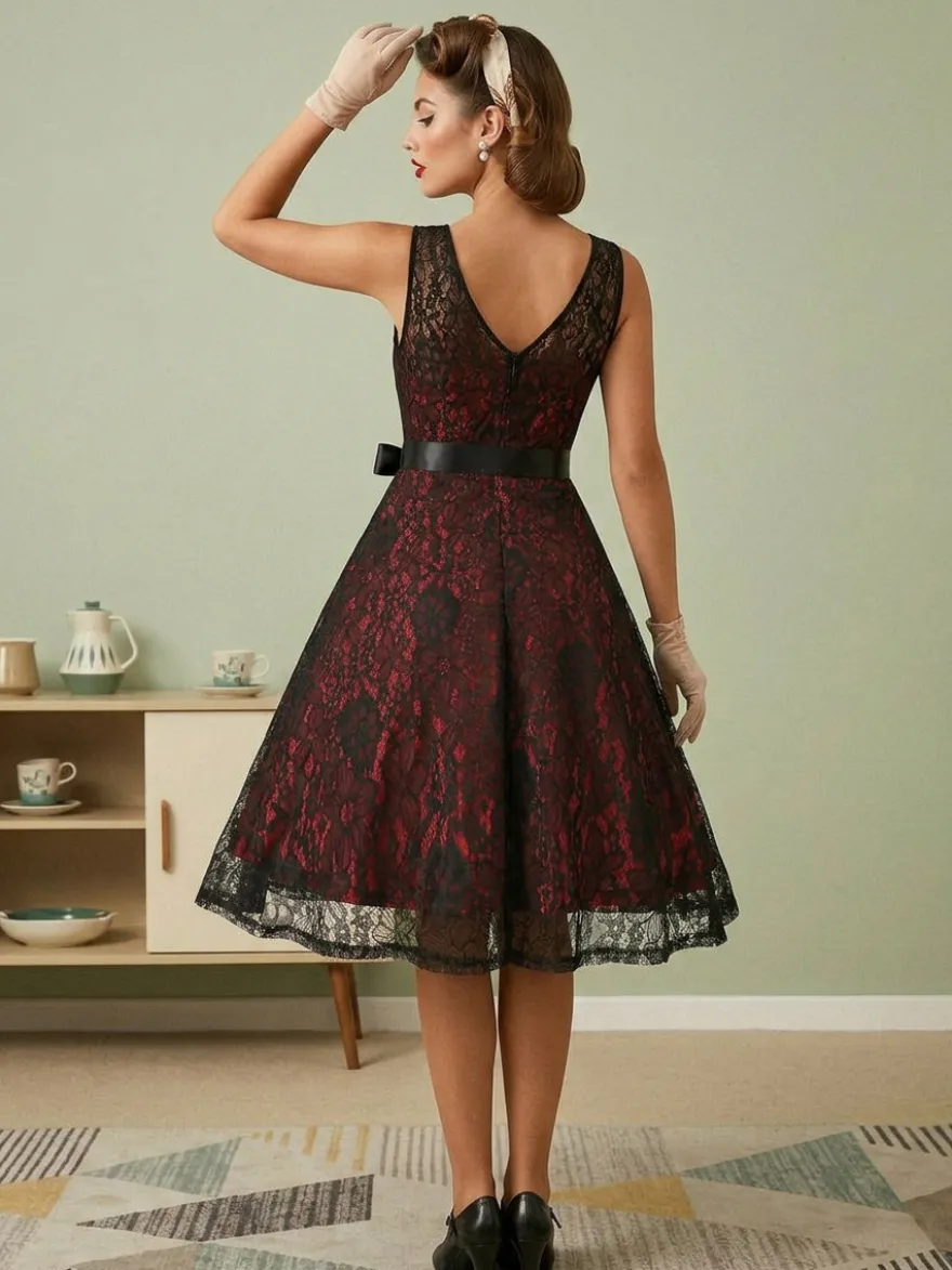 Robe rétro verte style années 50 bicolore ceinture sans manches col en V taille moyenne style rockabilly