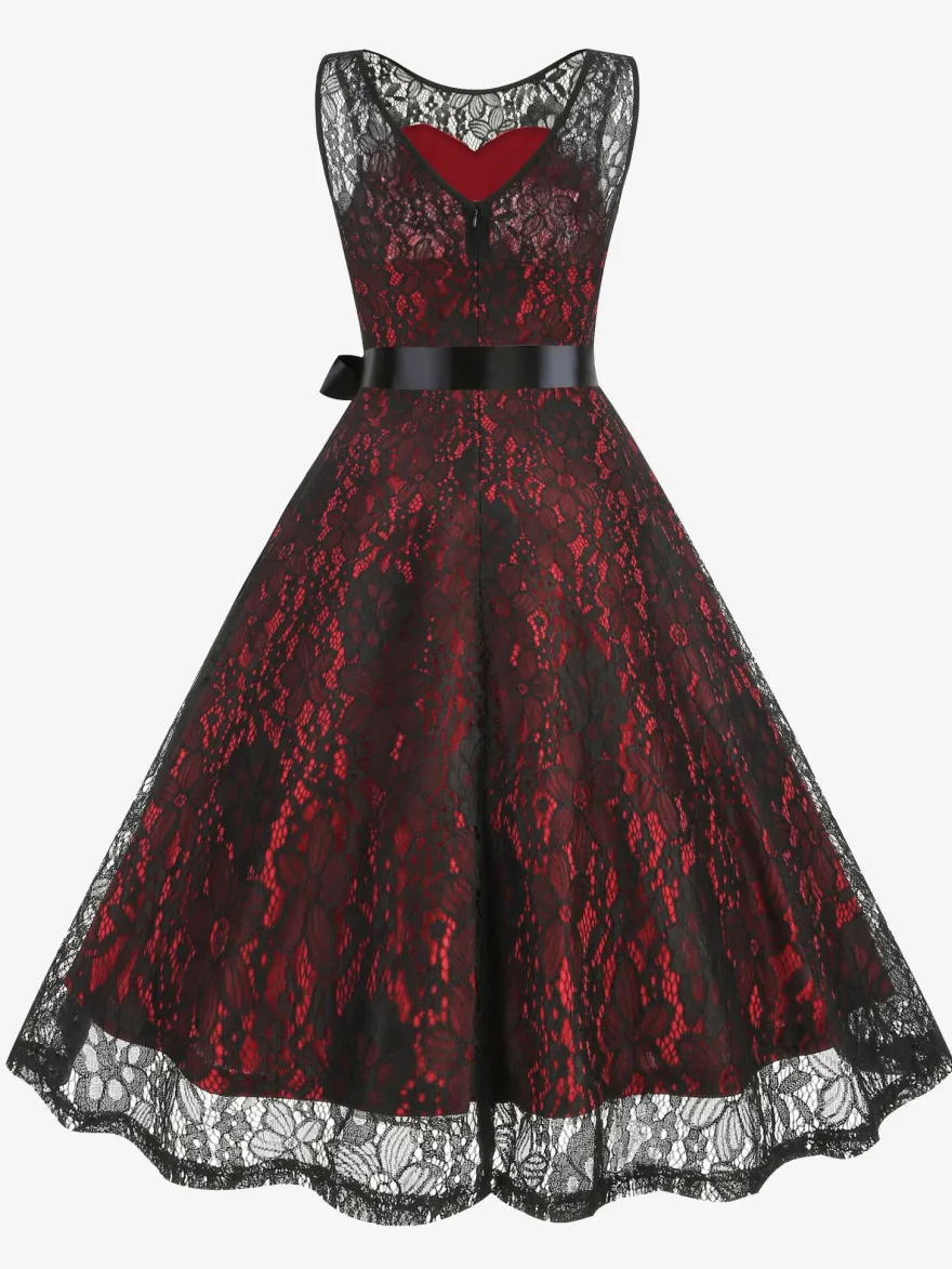 Robe rétro verte style années 50 bicolore ceinture sans manches col en V taille moyenne style rockabilly