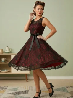 Robe rétro verte style années 50 bicolore ceinture sans manches col en V taille moyenne style rockabilly