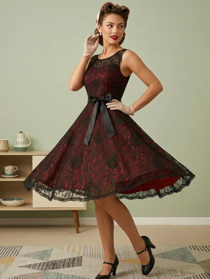 Robe rétro verte style années 50 bicolore ceinture sans manches col en V taille moyenne style rockabilly