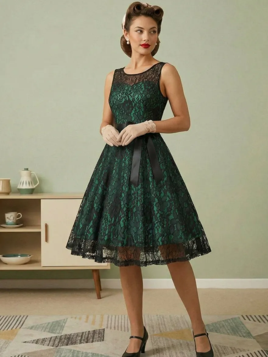 Robe rétro verte style années 50 bicolore ceinture sans manches col en V taille moyenne style rockabilly