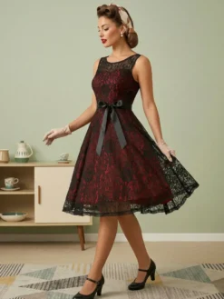 Robe rétro verte style années 50 bicolore ceinture sans manches col en V taille moyenne style rockabilly