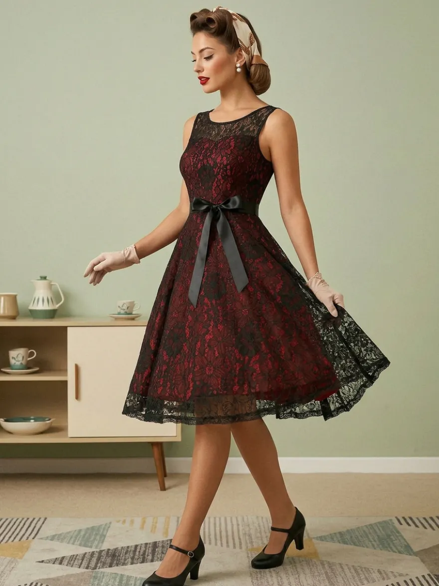 Robe rétro verte style années 50 bicolore ceinture sans manches col en V taille moyenne style rockabilly