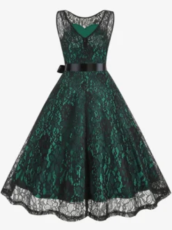 Robe rétro verte style années 50 bicolore ceinture sans manches col en V taille moyenne style rockabilly