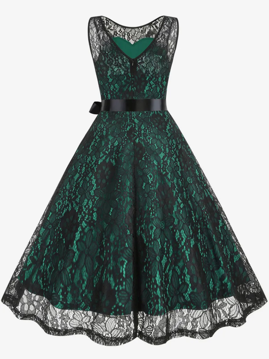 Robe rétro verte style années 50 bicolore ceinture sans manches col en V taille moyenne style rockabilly