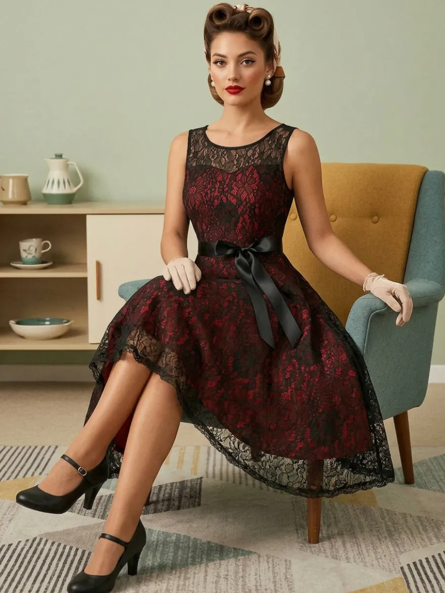 Robe rétro verte style années 50 bicolore ceinture sans manches col en V taille moyenne style rockabilly