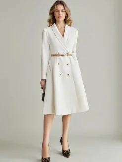 Robes Blazer Col Rabattu Ceinture Manches Longues Femmes Robe Midi