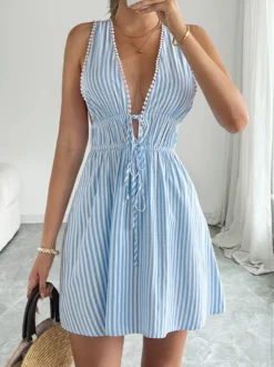 Robes courtes sans manches dos nu à rayures et décolleté en V robes d'été bleues sexy pour une soirée en amoureux