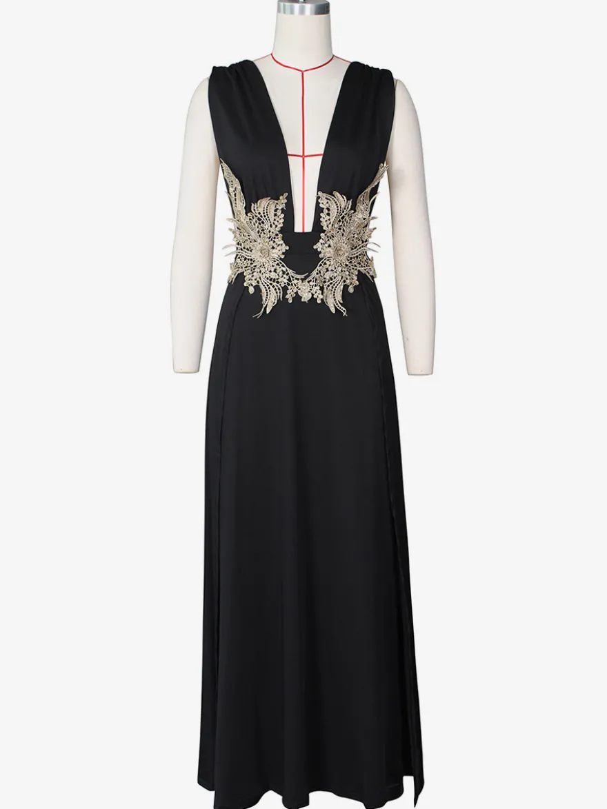 Robes de bal Robe longue semi-formelle brodée à col en V et fente haute