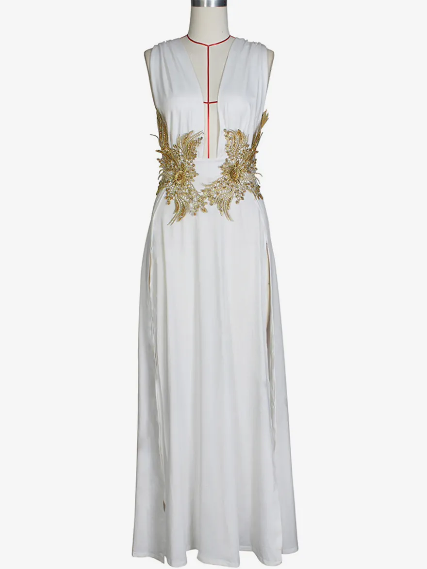 Robes de bal Robe longue semi-formelle brodée à col en V et fente haute