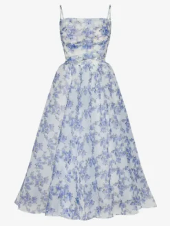 Robes De Soirée Bleu Ciel Clair Bretelles Plissé Fleurie Robe Semi-Formelle Longue