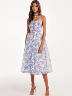 Robes De Soirée Bleu Ciel Clair Bretelles Plissé Fleurie Robe Semi-Formelle Longue