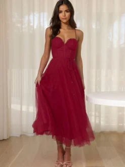 Robes De Soirée À Bretelle Robe Semi-formelle En Couches Sans Manches Plissée À Col En Cœur Bordeaux