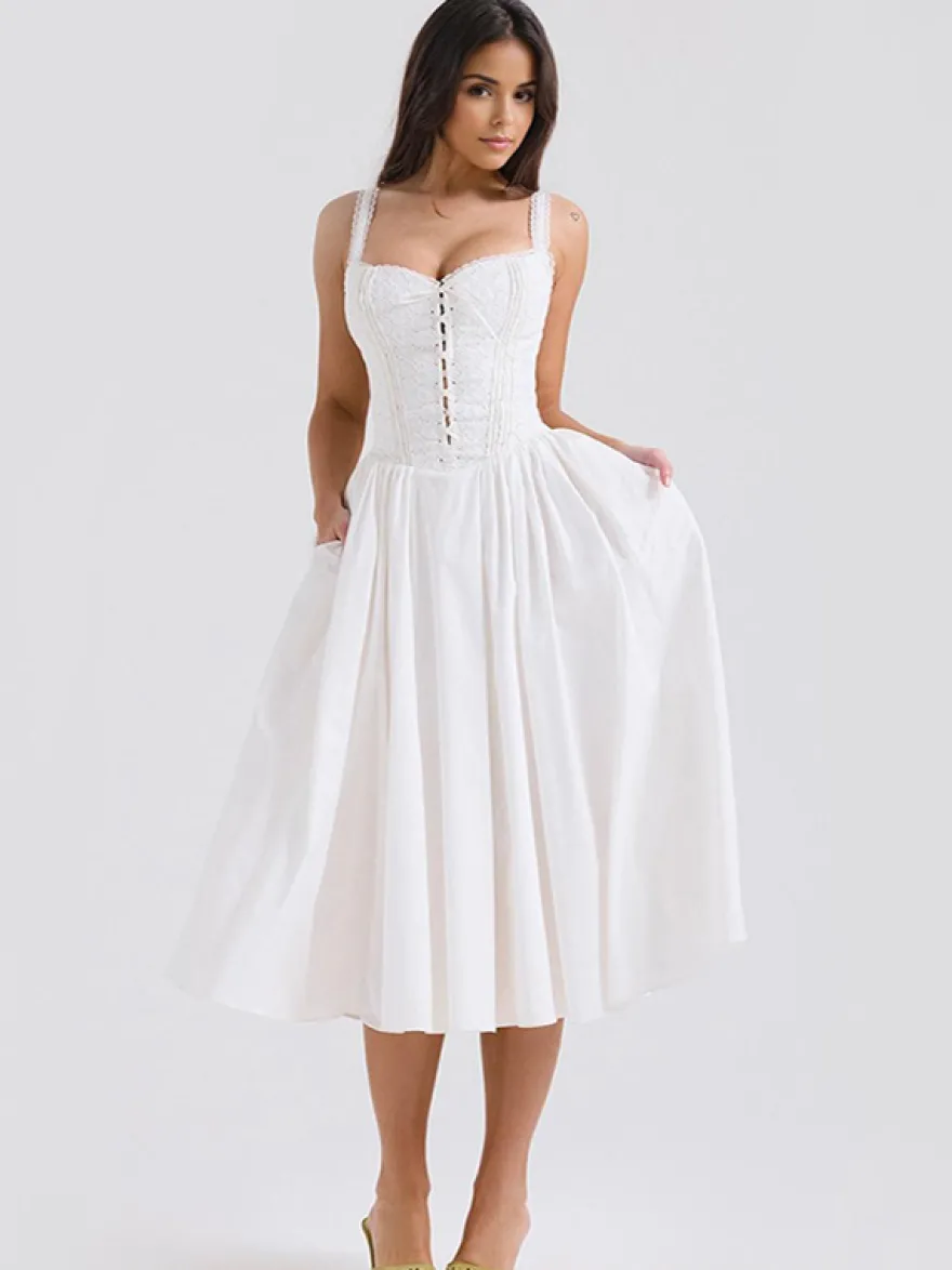 Robes De Soirée Bretelles Blanches Col À Lacets Robe Semi-Formelle Plissée