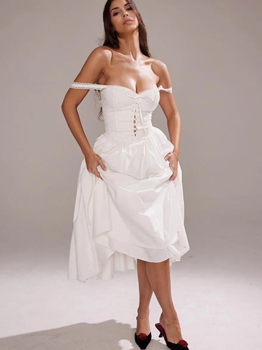 Robes De Soirée Bretelles Blanches Col À Lacets Robe Semi-Formelle Plissée