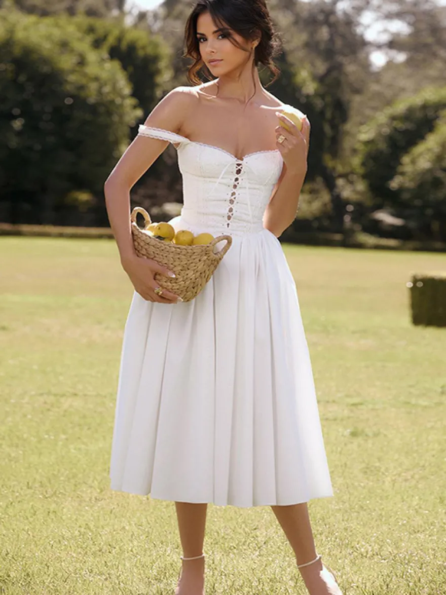 Robes De Soirée Bretelles Blanches Col À Lacets Robe Semi-Formelle Plissée